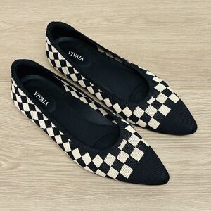 Vivaia Aria 5 Checkered Pointed Toe Ballet Flats Black White Womens US 10